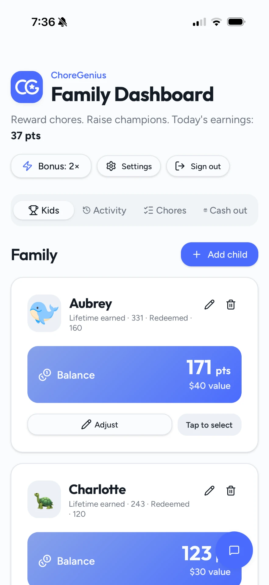 ChoreGenius family dashboard showing kids' point balances